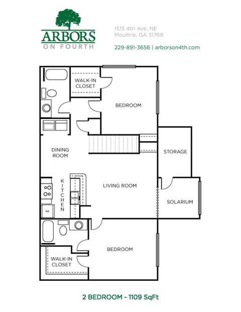 Floor plan for 2 beds, 2 baths, 1109 sqft